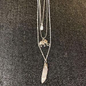 NEW Silver Tone Long Triple Chain Necklace w/Elephant and Chrystal